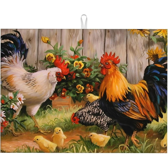 Farmhouse Rooster Dish Drying Mat for Kitchen Counter, 18 x 24 Inch Microfiber Dish Mats for Drying Dishes, Absorbent Dish Drying Pad Chicken Kitchen Decor Rack Mat