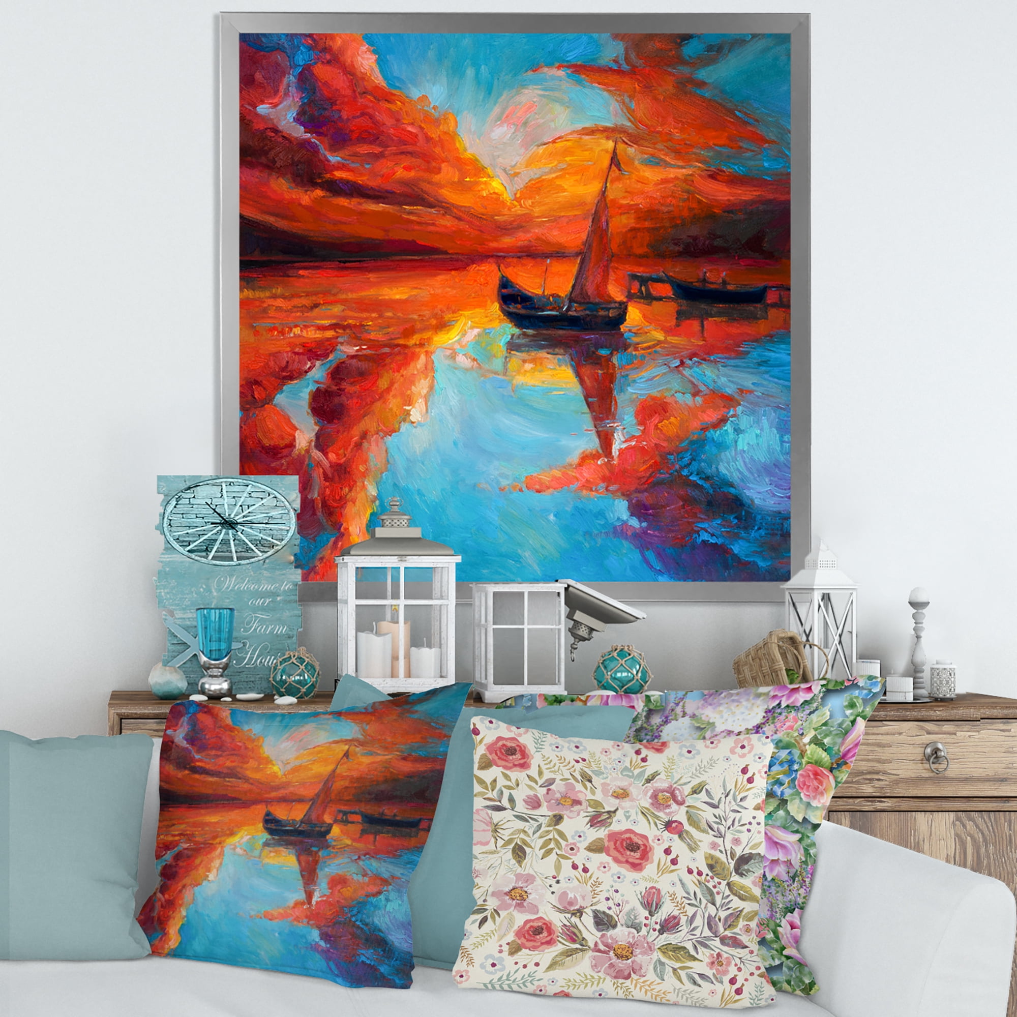 Little Boat During Warm Deep Red Evening Glow 30 in x 30 in Framed Painting Canvas Art Print, by Designart