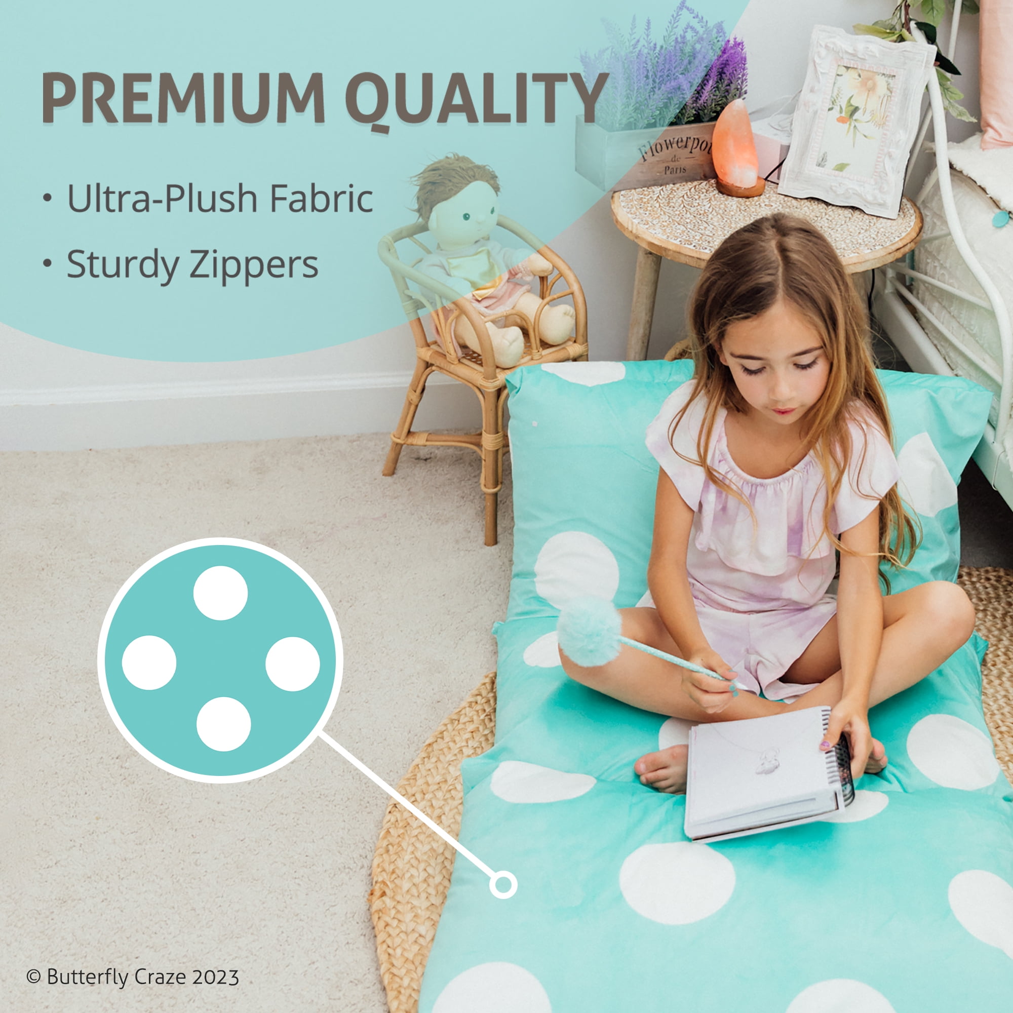 Butterfly Craze Floor Pillow Bed Lounger Cover, Cozy & Stylish Seating Solution for Kids & Adults, Recliner Floor Cushion for Ultimate Comfort, Holds 5 Pillows, Cover Only, Aqua Polka Dot, Queen