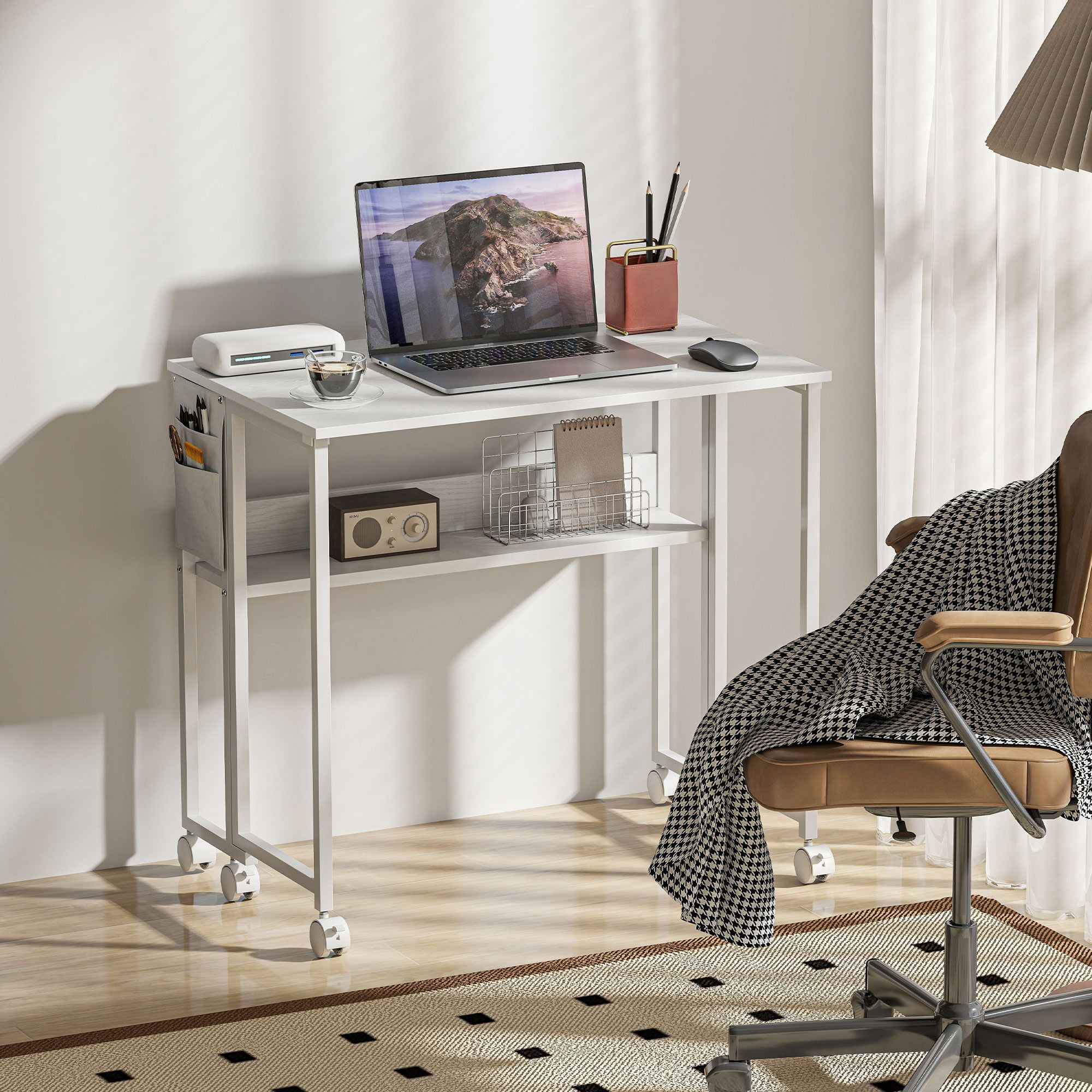 Drop Leaf Rolling Computer Desk, Foldable Depth 19.7" to 8.3" Mobile Writing Table with Open Shelf & Side Storage Bag, 6 Swivel Casters 110lbs Capacity for Small Spaces
