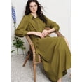 thumbnail image 5 of Green Womens Viscose Tencel Pleated Shirt Collar Button Down Long Sleeve Cinched Waist Casual Maxi Dress, 5 of 8