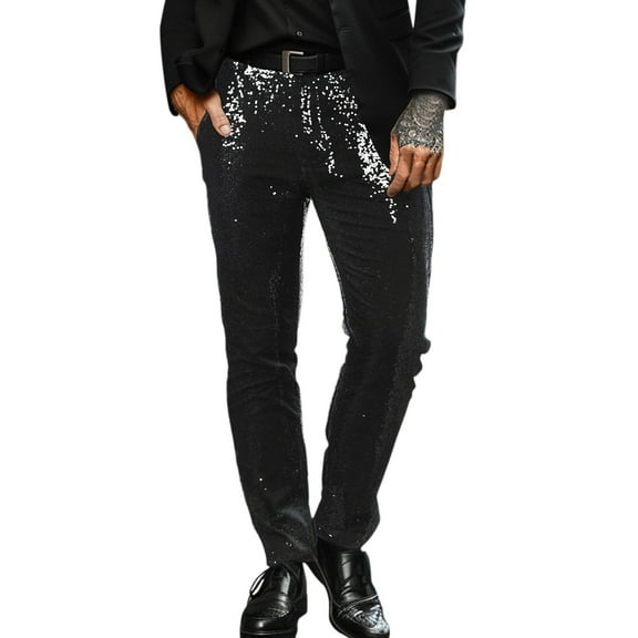 XIAONU Mens Sequined Dress Pants Slim Fit Formal Work Trousers Business Straight Leg Pants With Pockets