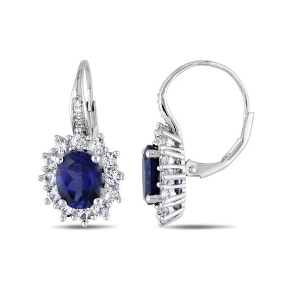 Created Blue Sapphire and Created White Sapphire Earrings 8.00 Carat (Ctw) with Diamonds in Sterling Silver for Women