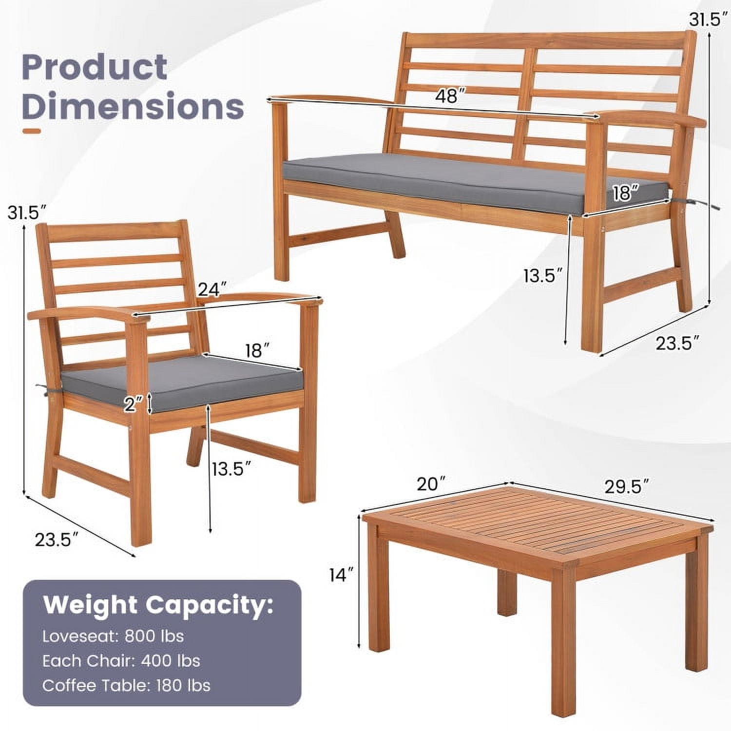Aimee Lii 4 Pieces Outdoor Furniture Set with Stable Acacia Wood Frame, Patio Furniture Sets, Gray Aimee Lii 4 Pieces Outdoor Furniture Set with Stable Acacia Wood Frame, Patio Furniture Sets, Gray