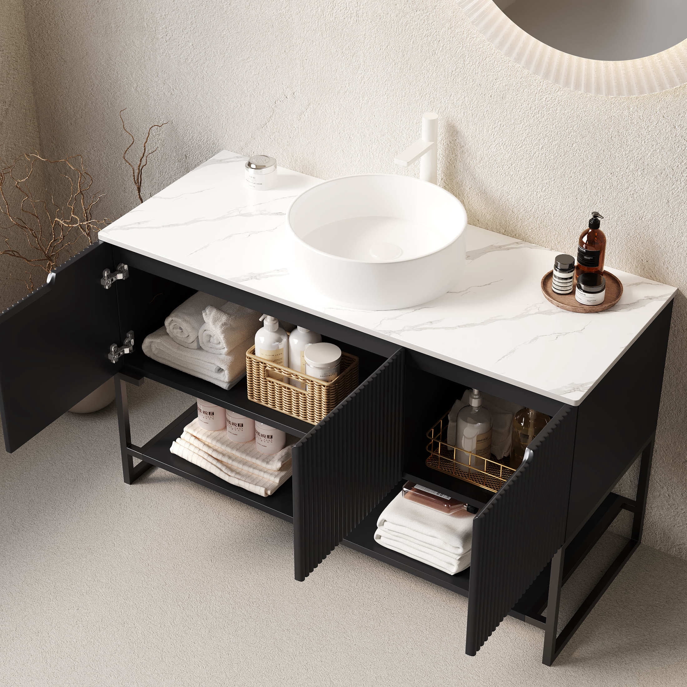 Noble House Tulio 48" Freestanding Bathroom Vanity with Sintered Stone Countertop, White Round Ceramic Basin, Black