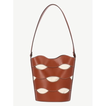 Free Assembly Women's Maria Cut Out Bucket Bag, Cognac/Cream