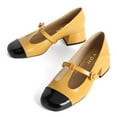 thumbnail image 2 of YDN Women Cute Chunky Block Low Heel Mary Janes Cap Toe T-Strap Buckle Two Toned Pumps Comfy Daily Wear Shoes Size 7 Yellow, 2 of 4