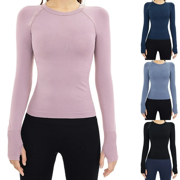FNFYFH Women Long Sleeve Workout Shirts Slim Fitted Seamless Athletic Running Shirt Yoga Gym Basic Tees with Thumb Hole