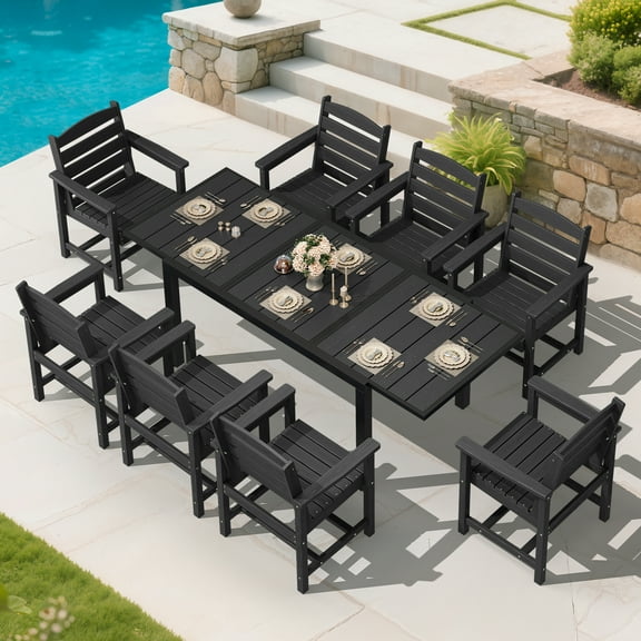 SERWALL 9-Piece Outdoor Dining Set with Expandable Patio Dining Table and 8 Chairs, 60–83 Inch All-Weather HDPE Patio Furniture Sets for Backyard, Garden, Deck, Poolside - Black