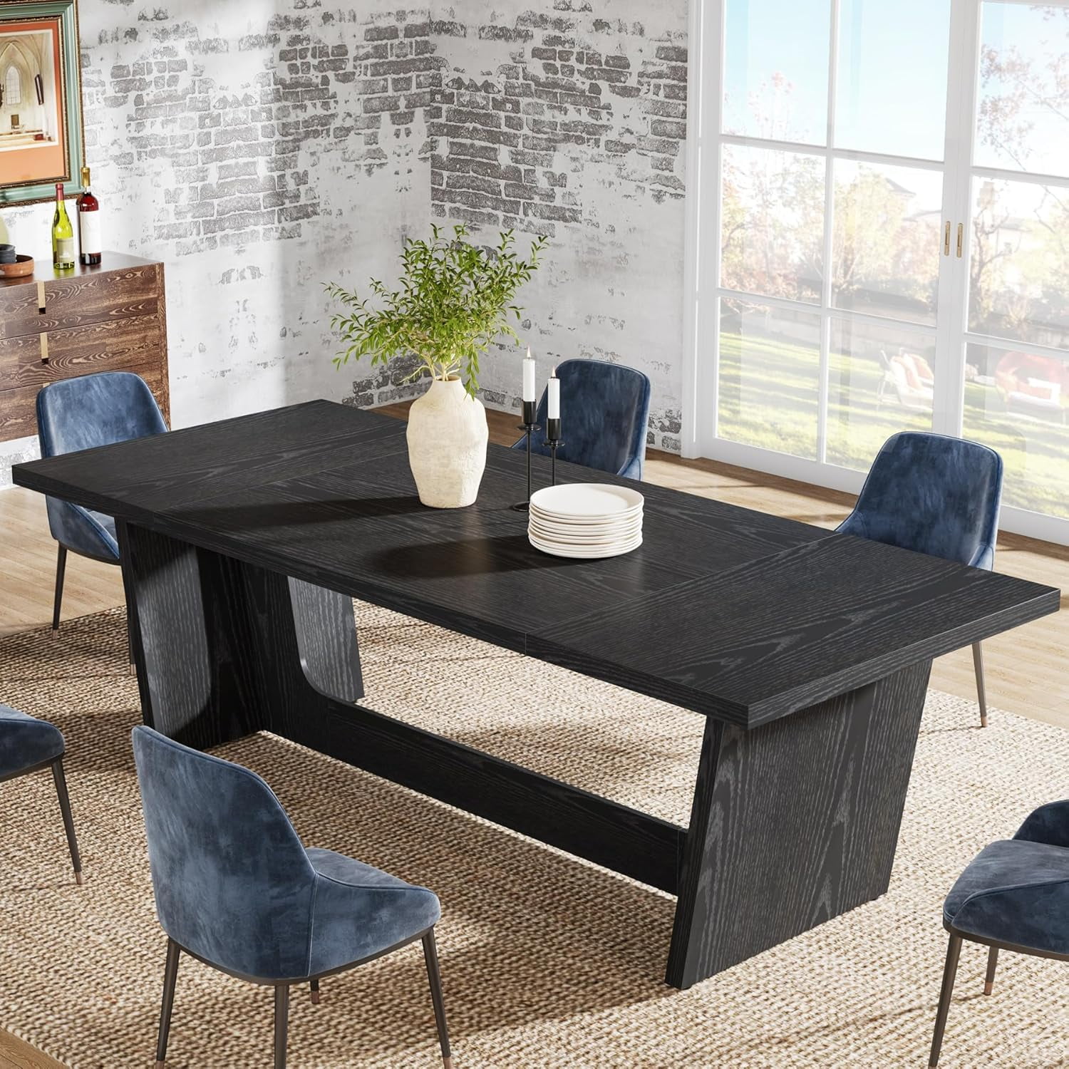 Finmind 70.87" Dining Room Table: Solid Wooden Farmhouse Kitchen Table for 6-8, Rustic Long Dinner Table, Black