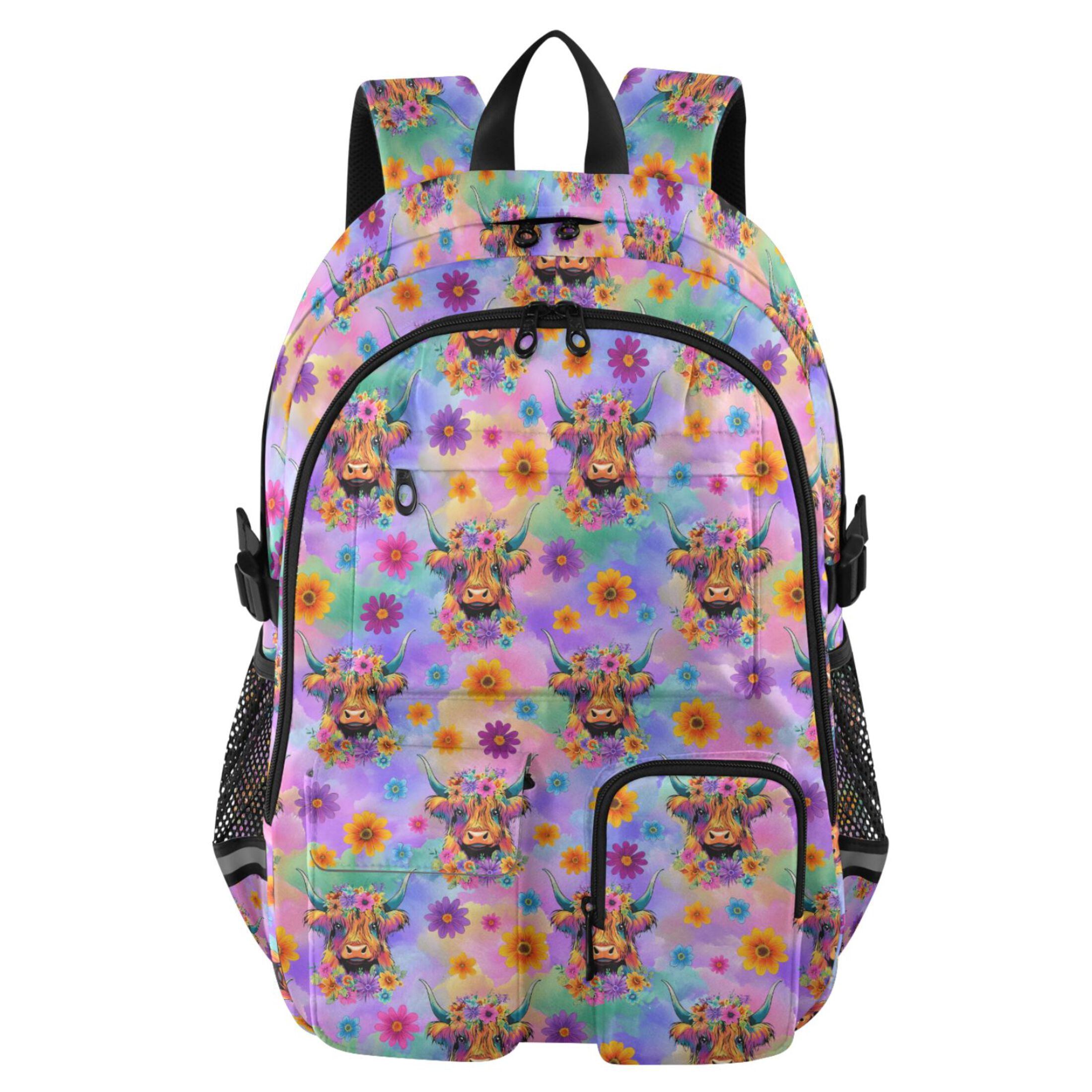 ALAZA Highland Cow Floral Gradient Print Student Backpack School Bookbag Large Laptop Daypack Travel Bag