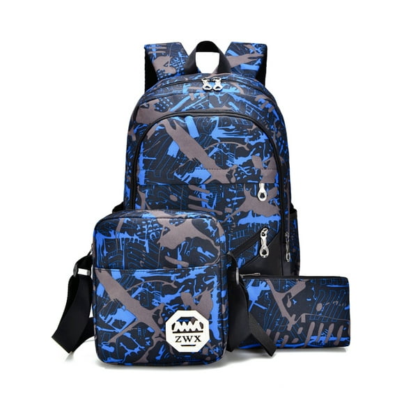 School Backpack Boys Backpack with Lunch Bag and Pencil Case, 3-in-1 School Bag Set Camouflage Printed Bookbag for Primary Middle School Students, Blue