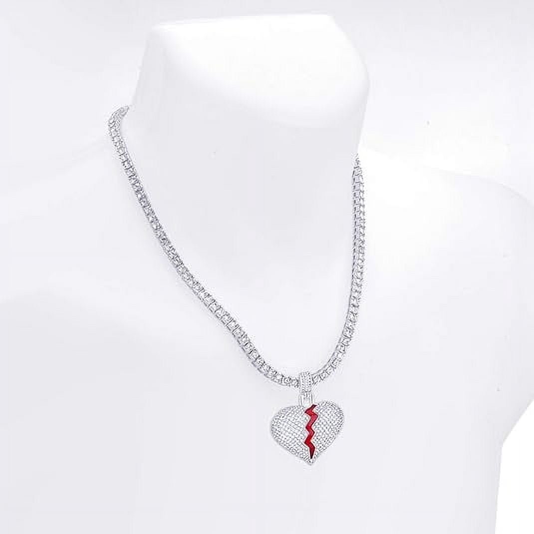 Hip Hop Luxury Iced Silver Tone Broken Heart Pendant 24" Tennis Chain Necklace THC 16875 S