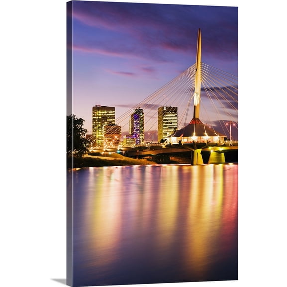 Great BIG Canvas | "City Skyline, And Provencher Bridge At Dusk, Winnipeg, Manitoba, Canada" Canvas Wall Art - 24x36