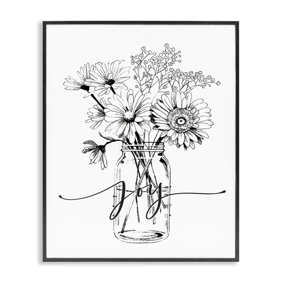 Stupell Industries Shabby Chic Joy Text Daisies Bouquet Detailed Line Design Black Framed Giclee Art, 16 x 20, by Lettered and Lined