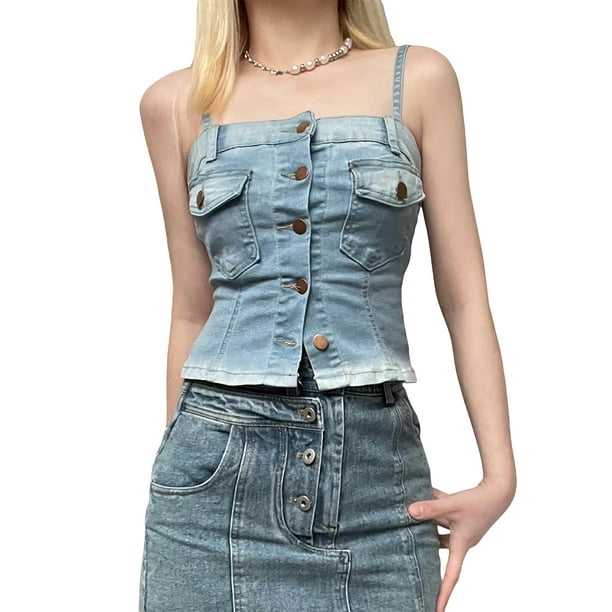Denim spaghetti deals strap top
