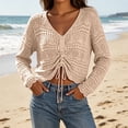 thumbnail image 2 of Ke1Clo Summer Tops for Women Boho Knitted Hollow Out V Neck Long Sleeve Tie Front Shirt Casual Loose Crop Beach Cover Up Khaki Free Size, 2 of 7