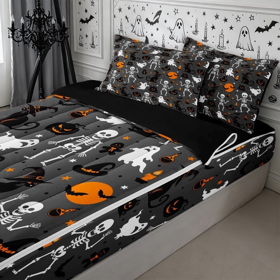 Erosebridal Gothic Skeleton Ghost Zipper Twin Comforter Sets with Fitted Sheet and 2 Pillowcases,Halloween Black Cats Zipper Bedding Set,Dark Grey,Reversible