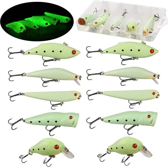 OROOTL Glow Fishing Lures Bait Kit Luminous VIB Popper Crank Minnow Pencil Hard Bait with Treble Hook Night Fishing Bait Tackle Box