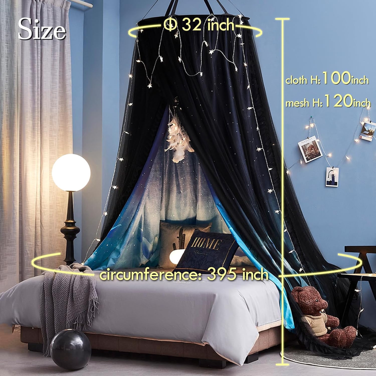 Gorgeous Dolphin Printed Bed Canopy for Girls & Adults, Room Decorative Cozy Bed Curtain Canopy Drapes, Round Dome Luxurious Lace Princess Canopies Mosquito Netting (Dolphin)
