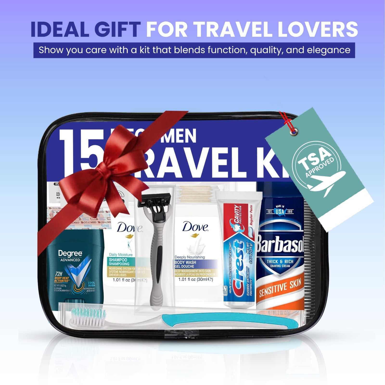 Trektote Travel Toiletry Kit For Men of Travel Size Toiletries, TSA Compliant, Includes Shampoo And Conditioner, Travel Size Shave Cream, Reusable Toiletry Bag & More (50 Pack)