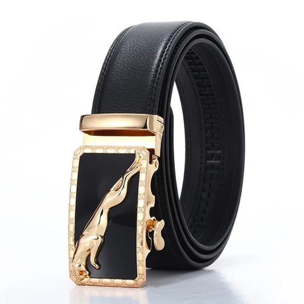 Cinturón con hebilla automática de cuero dorado para hombre, cinturón para hombre de negocios, pantalones de cuero de vaca genuino de grano de lichi, dos capas, leopardo dorado negro