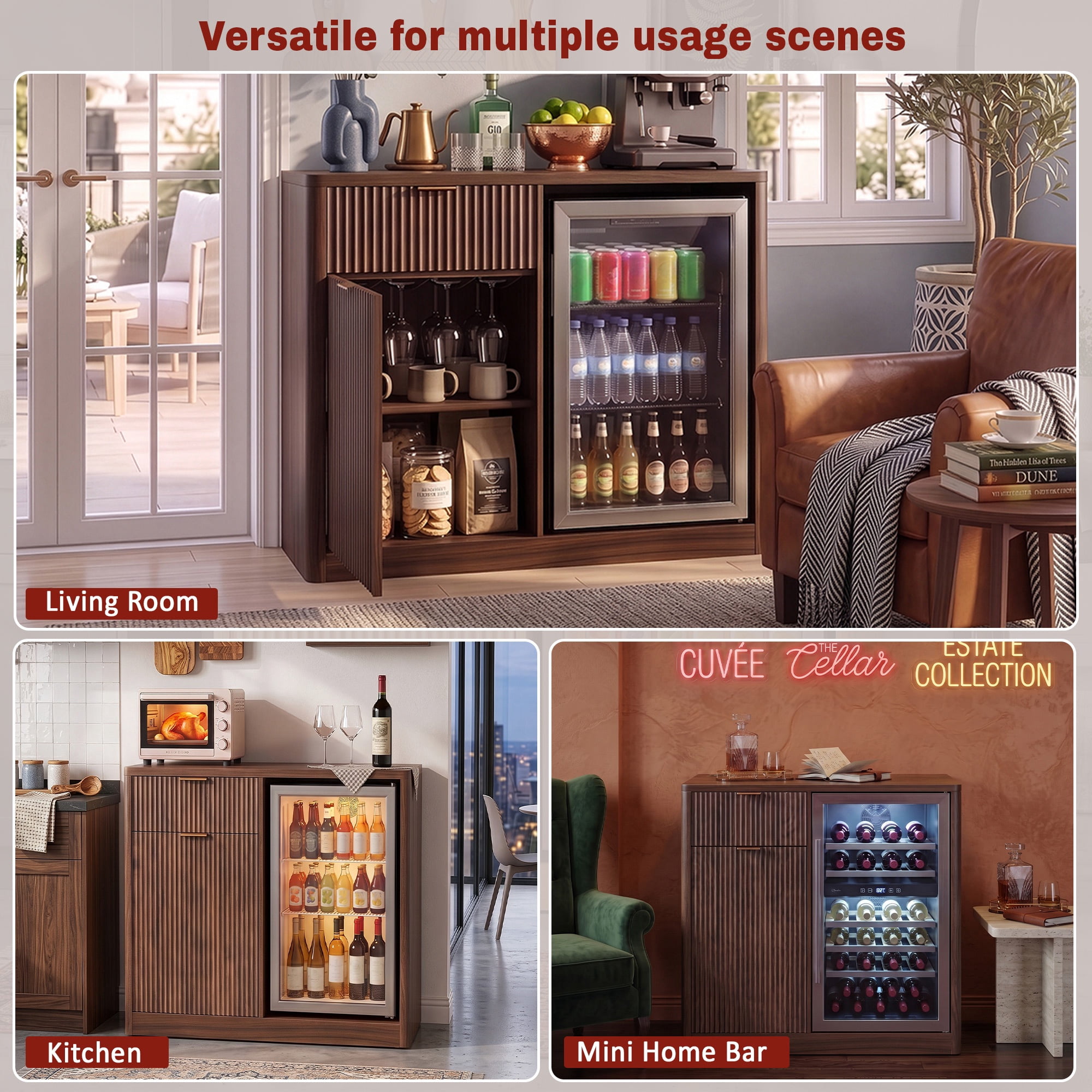 PORKISS Coffee Bar Cabinet with Fridge Space, Fluted Mini Fridge Cabinet with Power Outlets, Drawer & Adjustable Shelf, Modern Liquor Cabinet with Wine Glass Rack for Living Room/Kitchen, Walnut