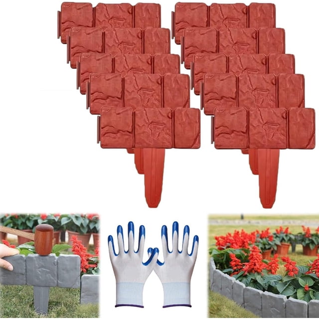 10-Pack Imitation Stone Garden Fence Plastic Retaining Edging Border Grey Cobbled Effect Landscape Decor Interlocking Decorative Panels Flower Bed Path Lawn Outdoor Picket Yard Grass Edge (Red)