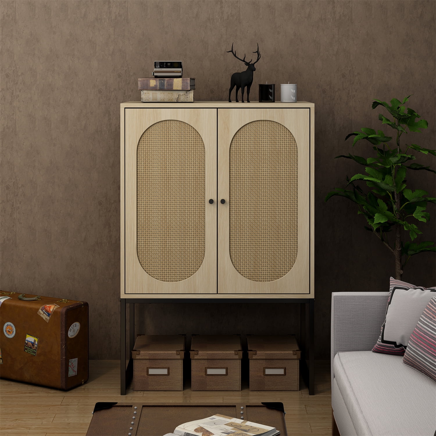 Kepooman 2 Door High Cabinet, Free Standing Cabinet with Adjustable Shelves & Bottom Storage Space, White