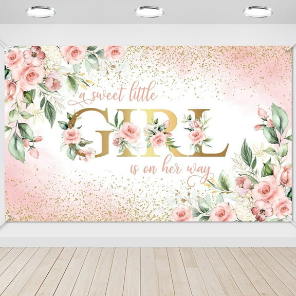 Mocsicka Pink Floral Baby Shower Backdrop A Sweet Little Girl Is on Her Way Baby Shower Banner Decorations