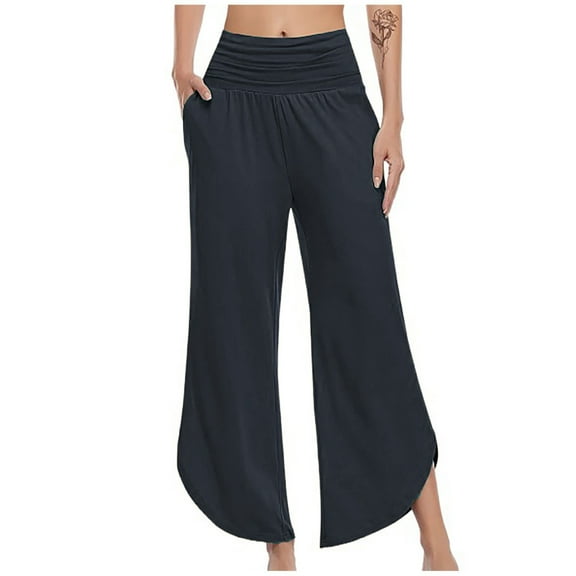 SELONE Palazzo Pants for Women High Waisted Workout Wide Leg Casual Yoga Athletic Solid Color Comfortable Leisure Nine-Point Pants Sweatpants Pants for Everyday Wear Running Work Casual Dark Blue XL