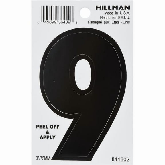 Hillman Group 841502 3 in. Black Glossy Vinyl Die-Cut Adhesive Number - 9