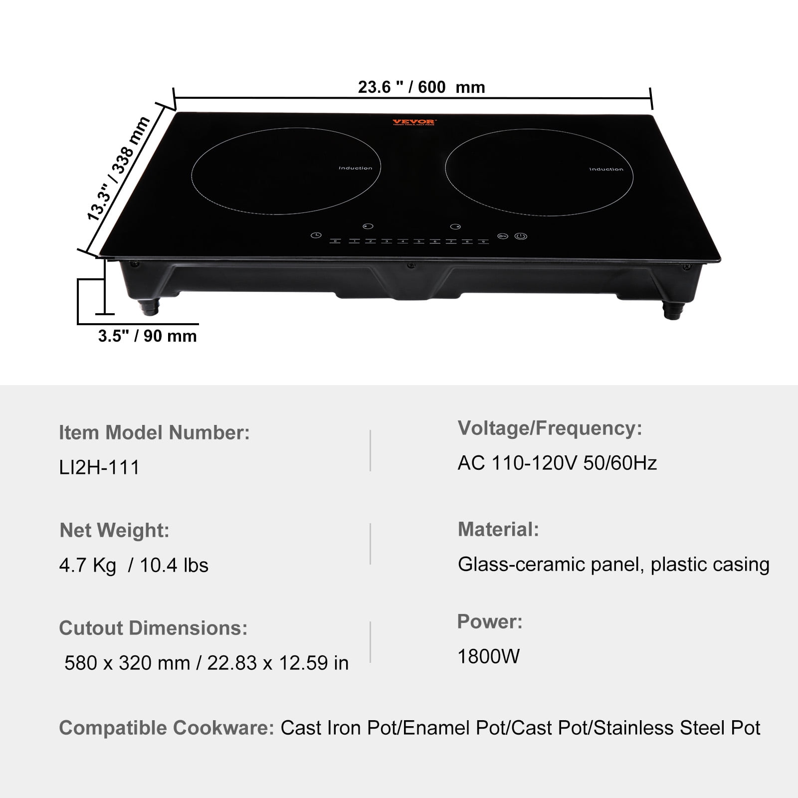 BENTISM 24 inch Electric Cooktop 2 Burners Ceramic Glass Stove Top Touch Control