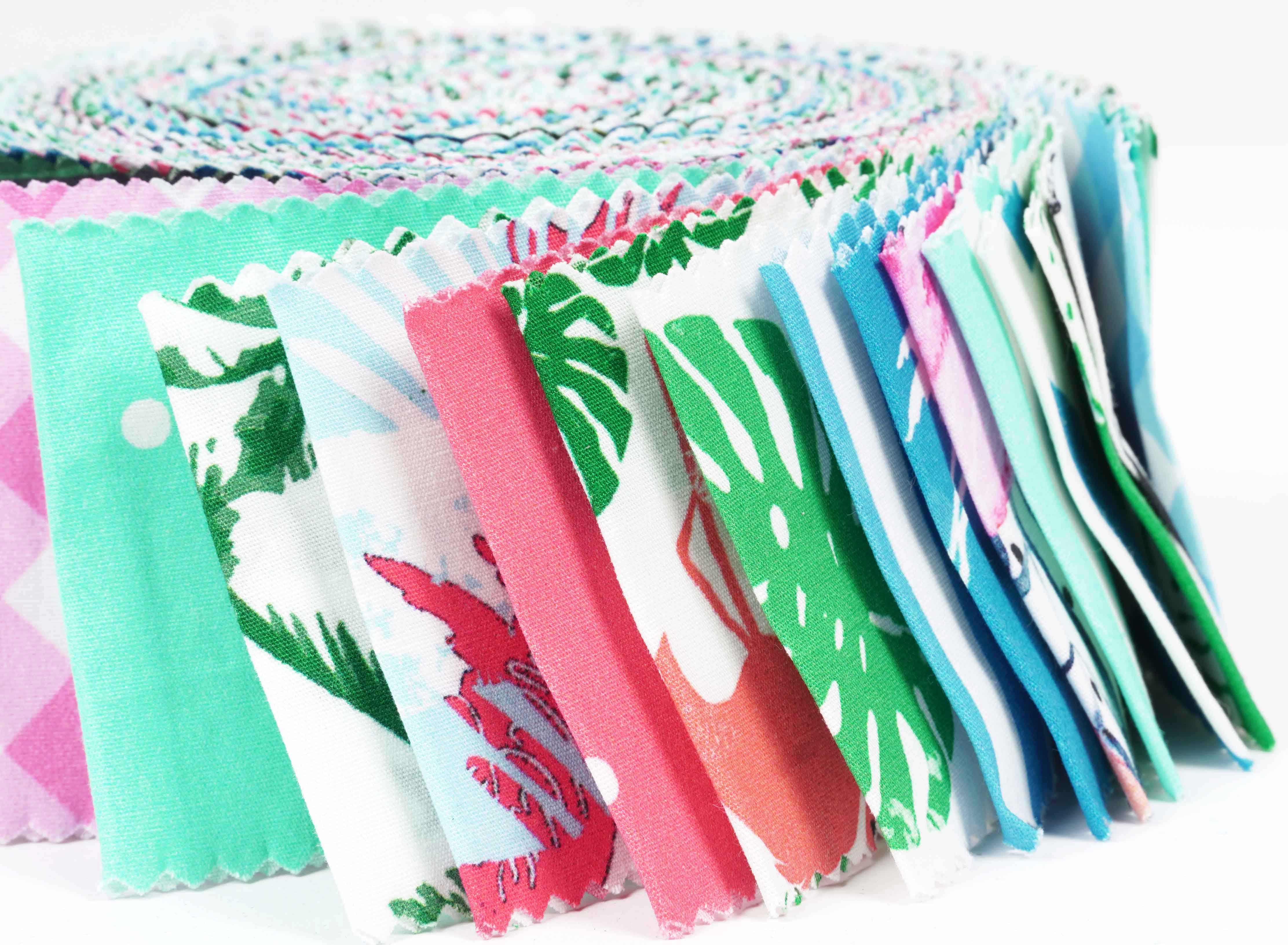 Soimoi 40Pcs Tropical Theme Flamingo Print Cotton Precut Fabrics For Quilting Craft Strips 2.5x42inches Jelly Roll - Pink, Blue & Green