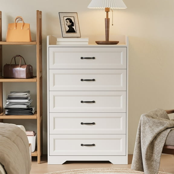 White 32" H 5-Drawer Dresser for Bedroom, Wood Chest of Drawers, Wide Deep Drawers