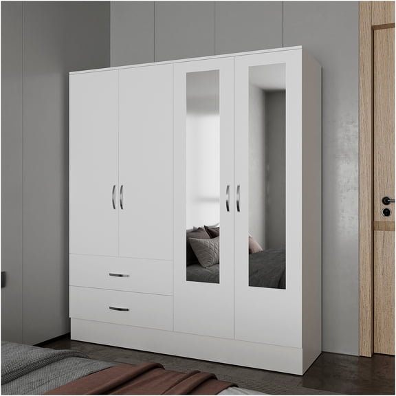 JERFIT 4-Door Armoire Wardrobe with Mirrors and Drawers, White Bedroom Storage Cabinet for Closet Organization, Modern Freestanding Closet