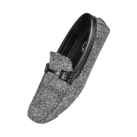 Amali Mens Metallic and Black Speckled Driving Shoe, Comfort Dress Driver Loafer, Style Brogan & Quint Available in White and Royal