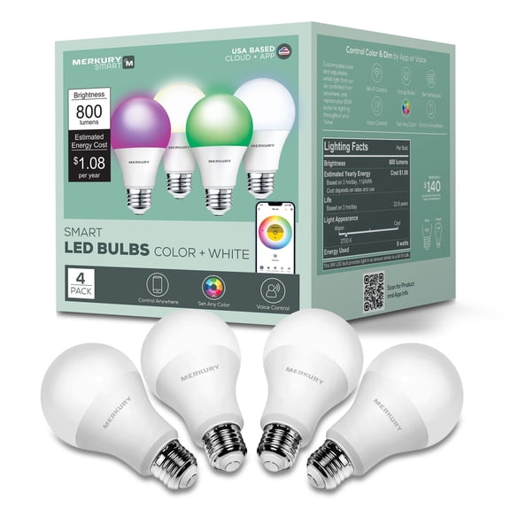 Open Box Merkury Innovations Smart LED Light Bulbs, 9W 60W Equivalent, RGBW Dimmable A19, E26 Base, 4-Pack MI-BW450-999W