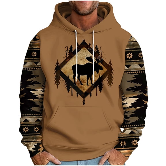 ZVNAΖH Men's Western Tribal Moose Print Hoodie Raglan Sleeve Loose Fit Long Sleeve Pullover with Drawstring, M-3XL