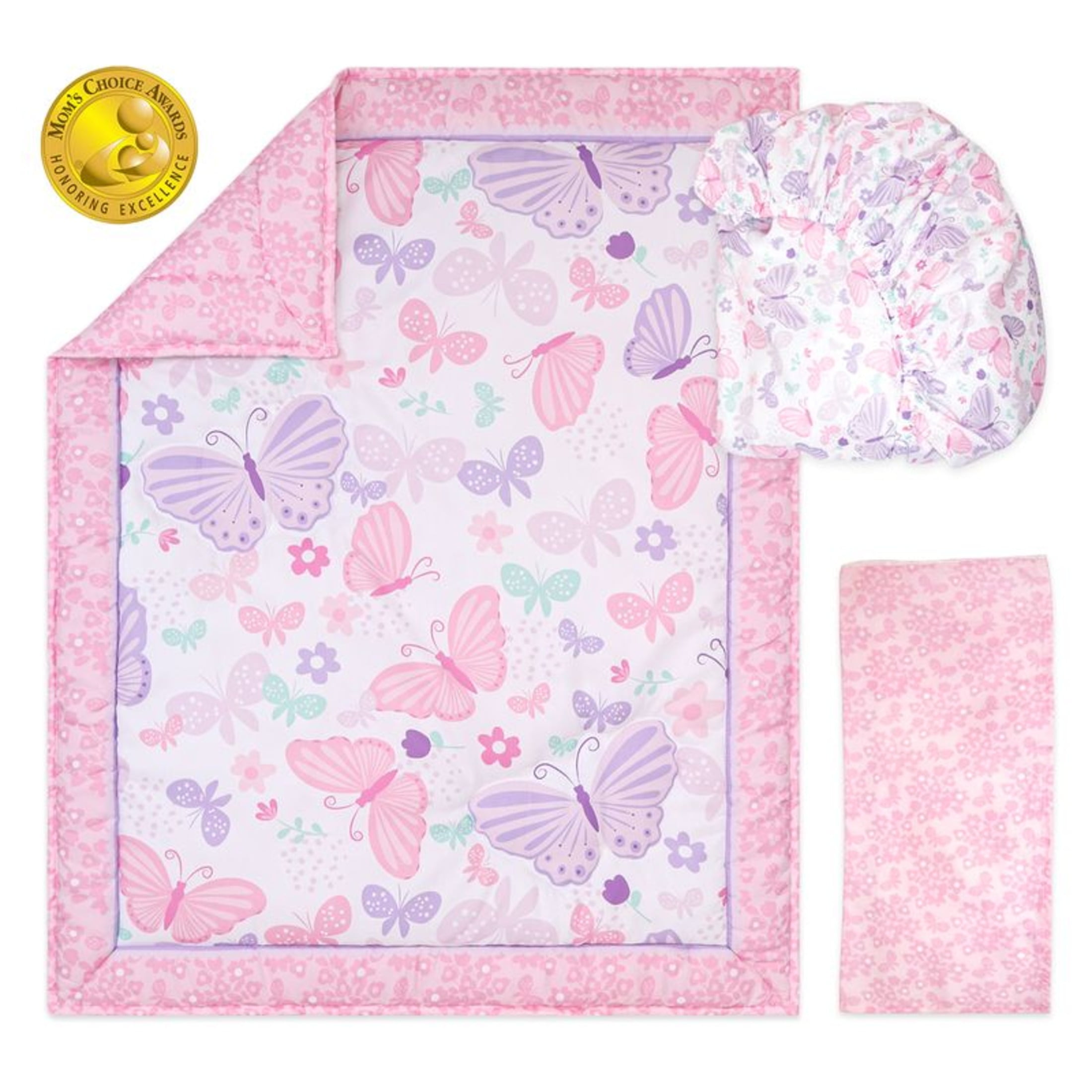 The Peanutshell Pink and Purple Butterfly Song Crib Bedding Set for Baby Girls, 3 Piece Nursery Set