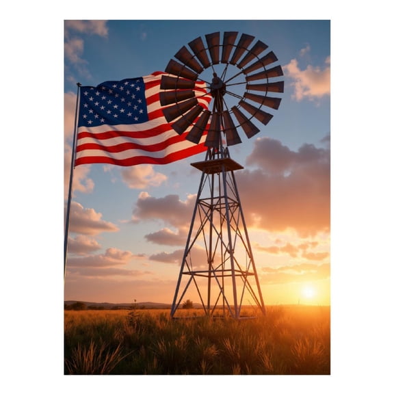 Diamond Art Kit for Adults, Sunset Windmill American Flag Landscape Diamond Painting for Adults Beginners, DIY Diamond Art Painting Kits, 5D Diamond Painting Crafts for Home Decor 12x16 Frameless