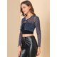 thumbnail image 4 of Allegra K Blusa con purpurina para mujer, cuello en V con estrella, lazo semitransparente en la parte delantera, manga larga, encogimiento de hombros Azul oscuro L, 4 of 6