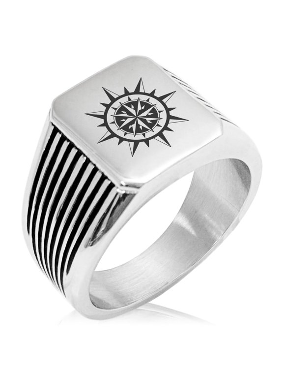 Stainless Steel Nautical Concentric Compass Needle Stripe Pattern Biker Style Polished Ring