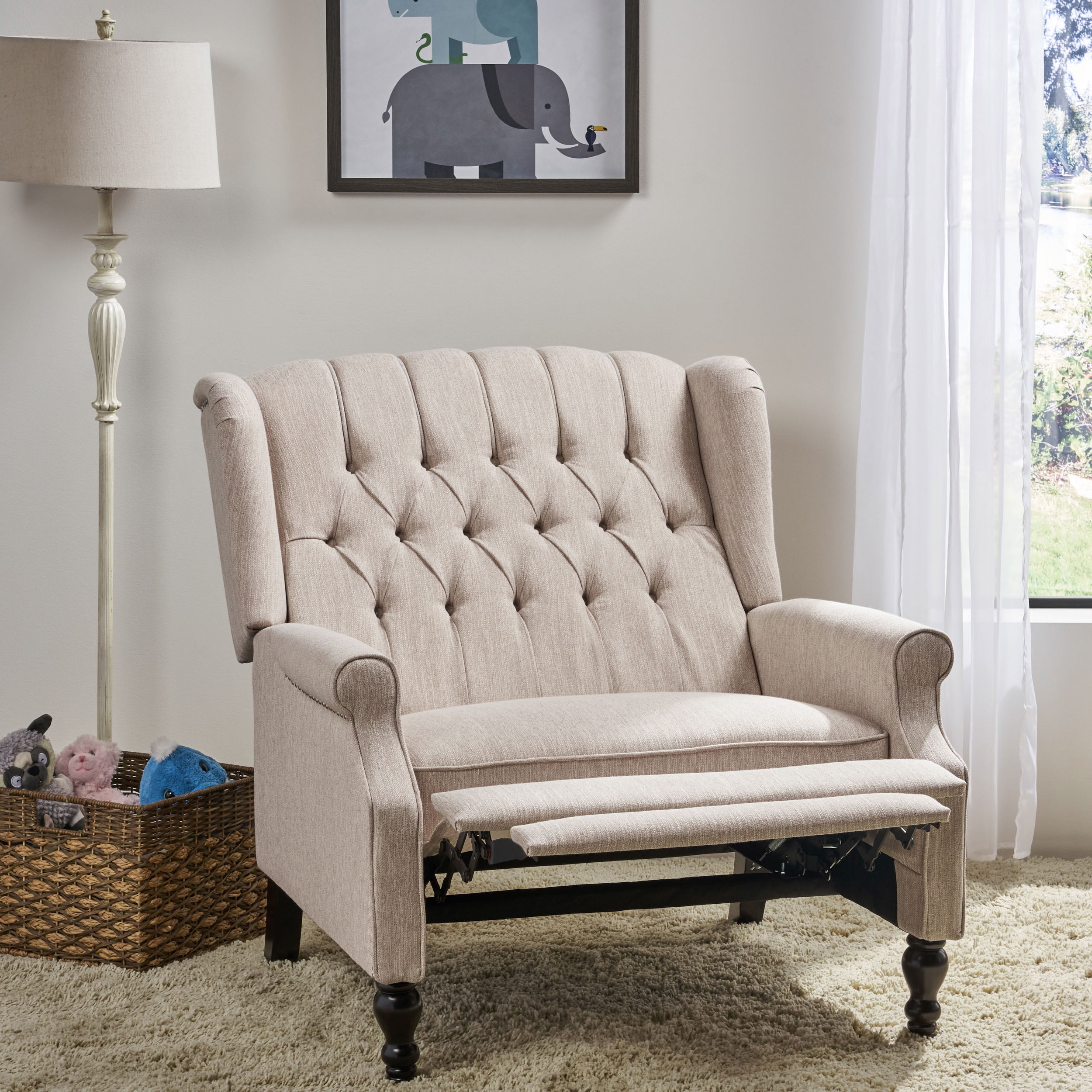 GDF Studio Dunham Contemporary Fabric Tufted Oversized Pushback Recliner, Beige and Dark Brown