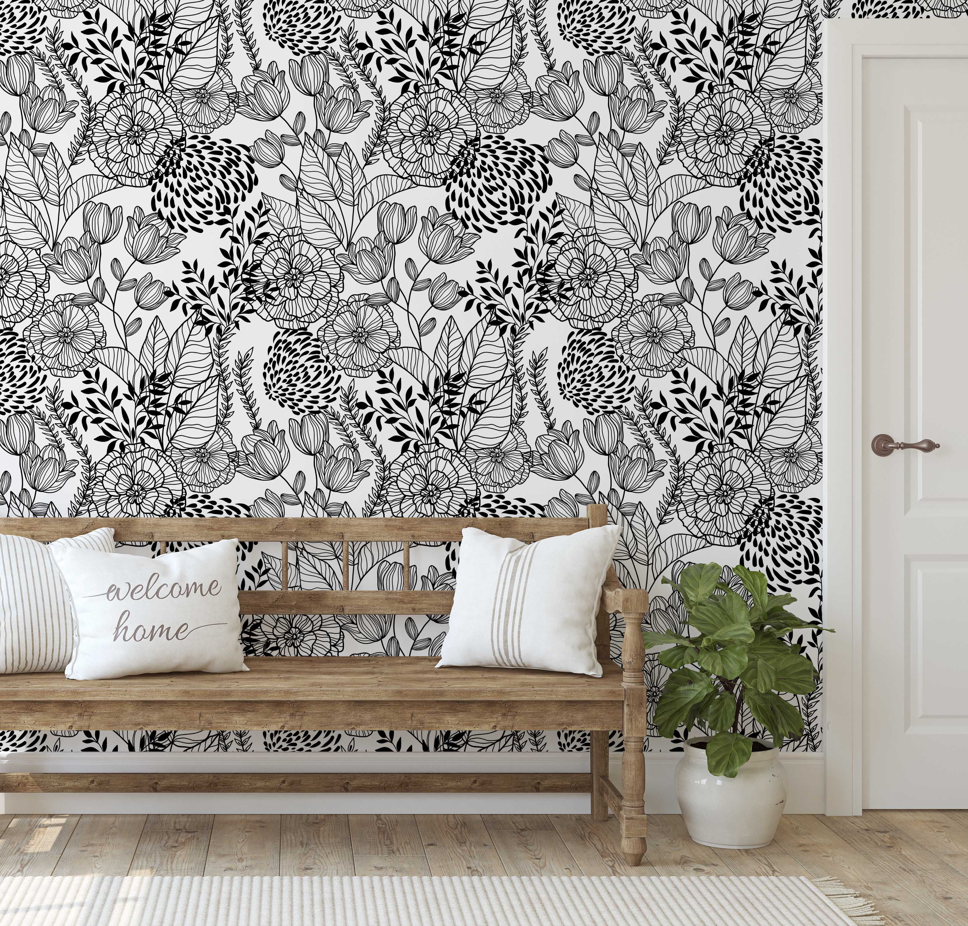 S4Sassy Peel and Stick Wall Covering, Floral Garden Wallpaper Removable Wallwrap - Black Textured Instant Wall Mural for Bedroom, Bathroom, Laundry Room, Closet Interior (25"x360" inch)