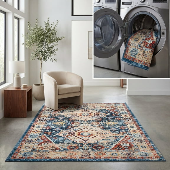 SAFAVIEH Riviera Jacob Oriental Polyester Machine Washable Area Rug, Blue/Gold, 4'5" x 6'