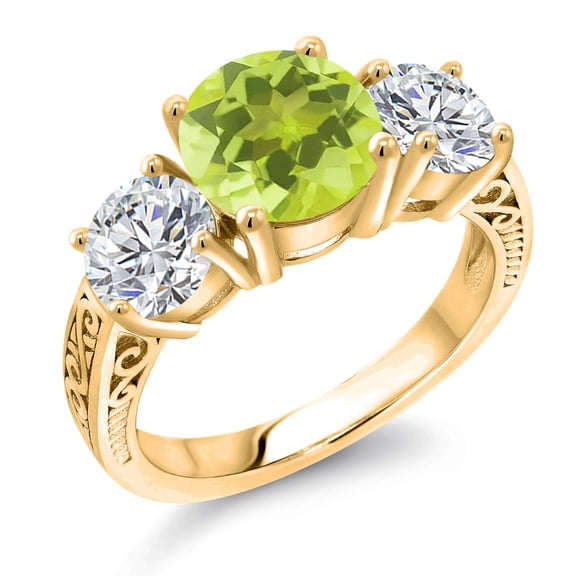 Gem Stone King 18K Yellow Gold Plated Silver Yellow Lemon Quartz and Lab Grown Diamond Engagement Ring for Women | 3.33 Cttw | Round 8MM | Gemstone Birthstone | Size 6