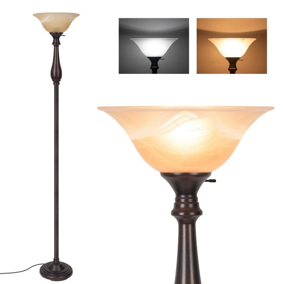 HonoDing Torchiere Floor Lamp for Living Room, Standing Lamp with Glass Shade,Tall Floor Lamps Iron Brown Floor Lamps, Corner Lamps for Bedroom, Office, Reading (Dark Brown)