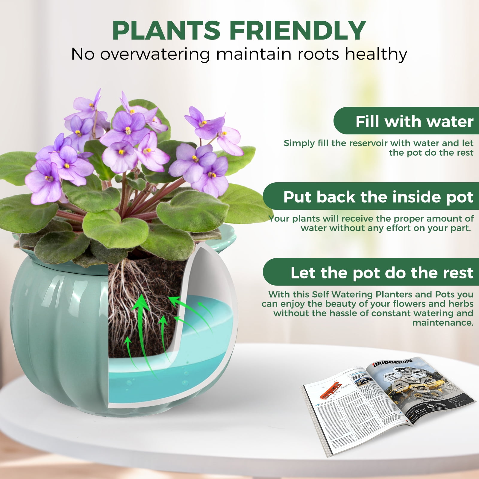 EFISPSS  African Violet Pot ,6" Ceramic Pumpkin  Easy Self Watering Flower Pot, For Indoor Plants,Glaze Blue