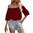 thumbnail image 2 of Frostluinai Strapless Tops for Women 3/4 Lantern Sleeve Shirts Chiffon Comfy T Shirts Off Shoulder Tees Solid Holiday Blouses, 2 of 9